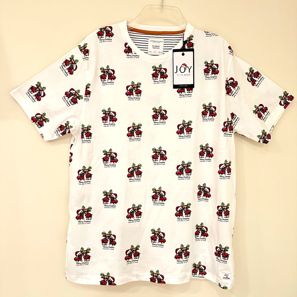 Denim & Flower Men's Pug & Chihuahua Christmas Short Sleeve Shirt White Sz L NWT